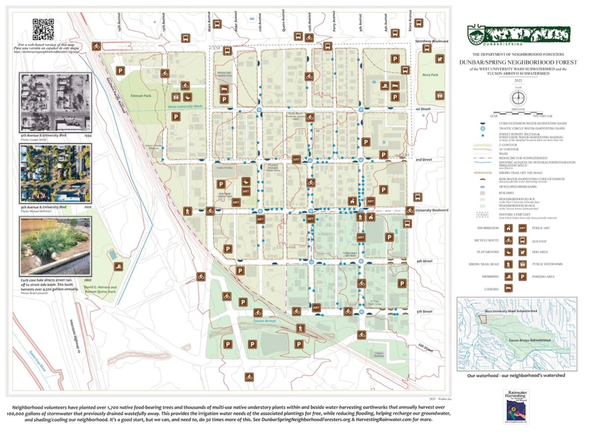A map of Dunbar/Spring Neighborhood with a focus on water harvesting features, public art, and other public features and resources